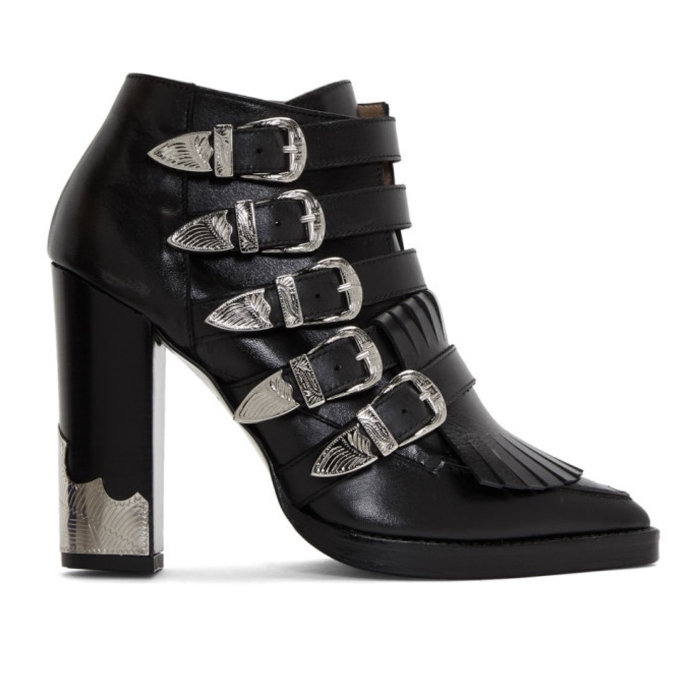 Toga Pulla Black Leather Five-Buckle Heeled Western Boots